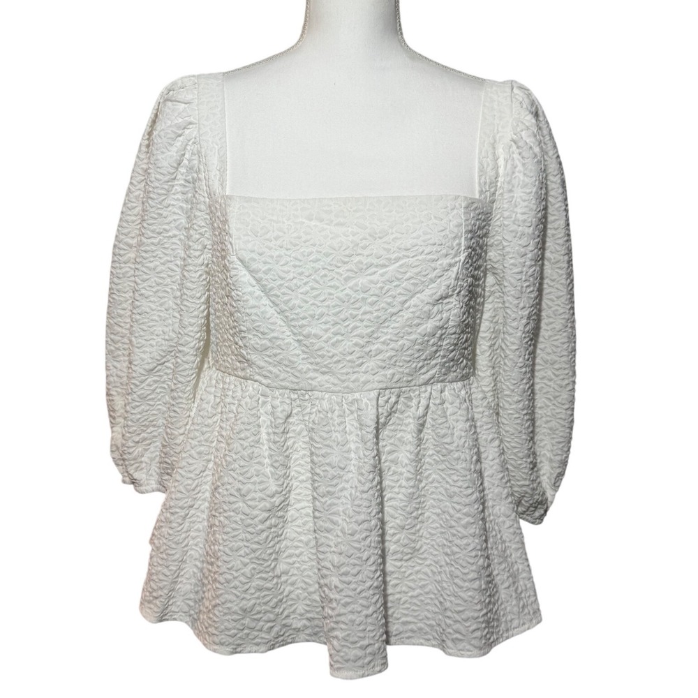 TCEC Peplum Puff Sleeve Babydoll Top Large White Textured Jacquard - Picture 1 of 7